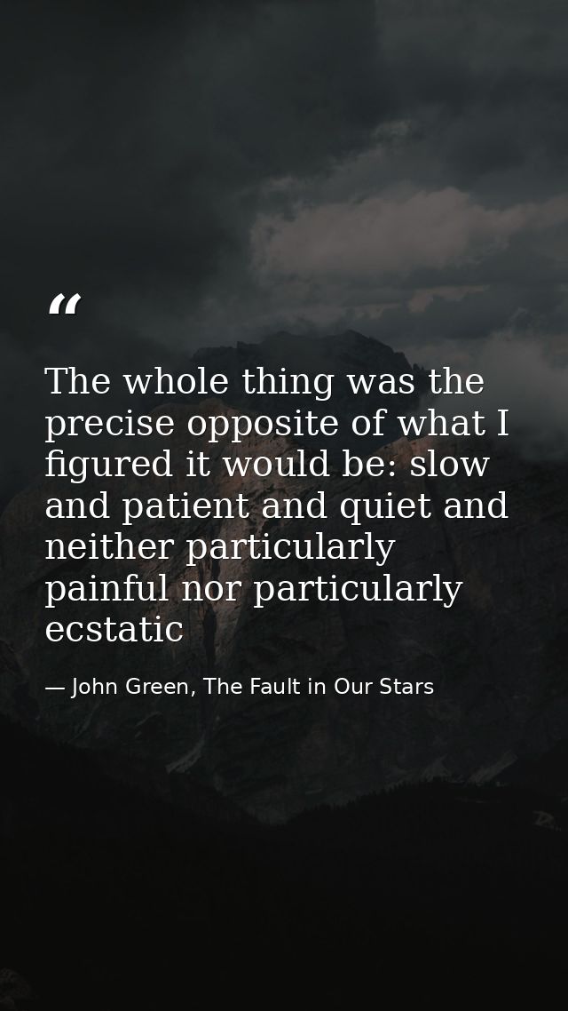 The whole thing was the precise opposite of what I figured it would be: slow and patient and quiet and neither particula — John Green, The Fault in Our Stars