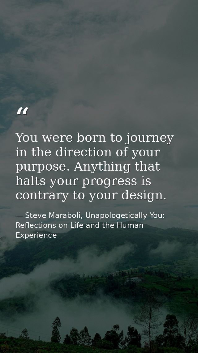 You were born to journey in the direction of your purpose. Anything that halts your progress is contrary to your design. — Steve Maraboli, Unapologetically You: Reflections on Life and the Human Experience
