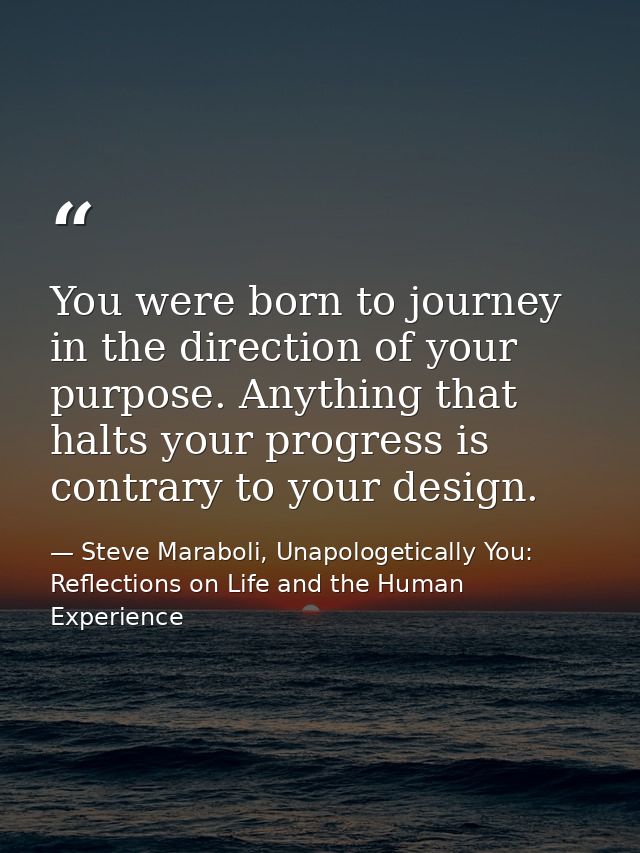You were born to journey in the direction of your purpose. Anything that halts your progress is contrary to your design. — Steve Maraboli, Unapologetically You: Reflections on Life and the Human Experience