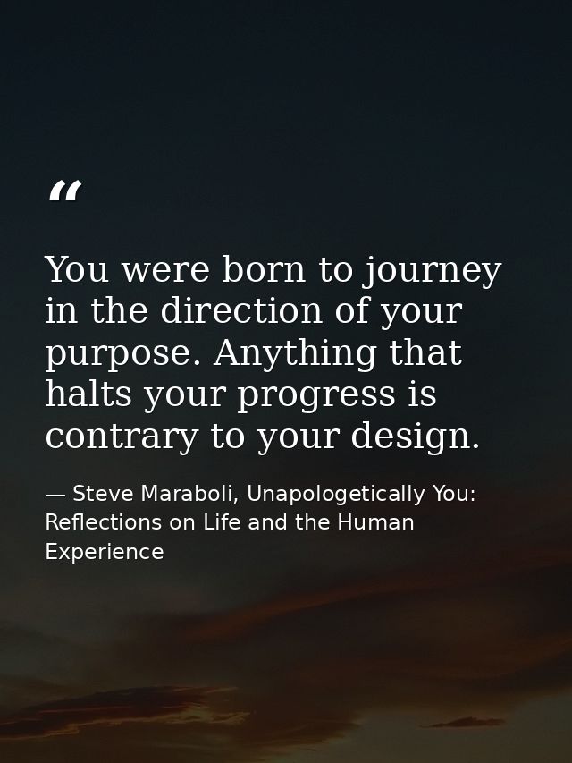 You were born to journey in the direction of your purpose. Anything that halts your progress is contrary to your design. — Steve Maraboli, Unapologetically You: Reflections on Life and the Human Experience