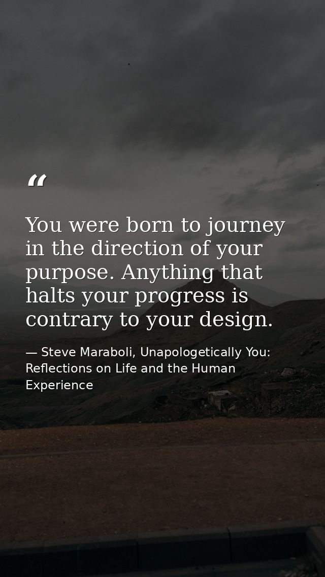 You were born to journey in the direction of your purpose. Anything that halts your progress is contrary to your design. — Steve Maraboli, Unapologetically You: Reflections on Life and the Human Experience