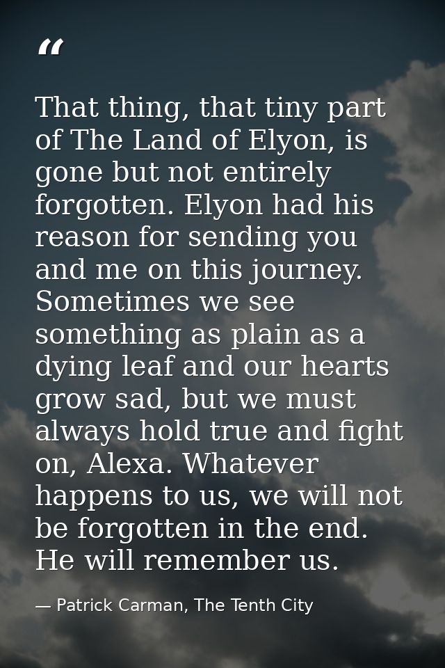 That thing, that tiny part of The Land of Elyon, is gone but not entirely forgotten. Elyon had his reason for sending yo — Patrick Carman, The Tenth City