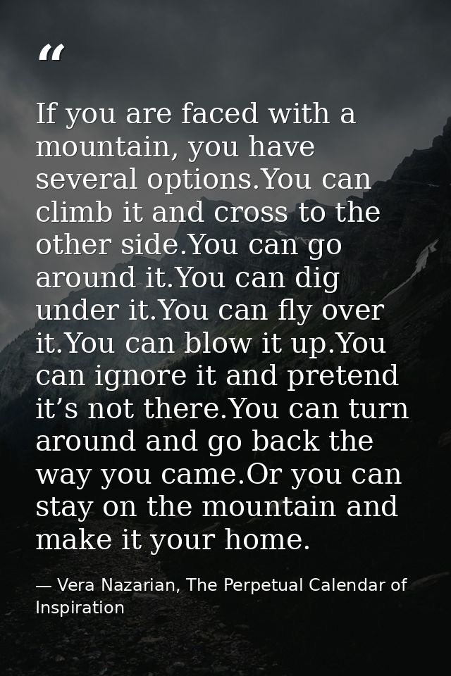 If you are faced with a mountain, you have several options.You can climb it and cross to the other side.You can go aroun — Vera Nazarian, The Perpetual Calendar of Inspiration