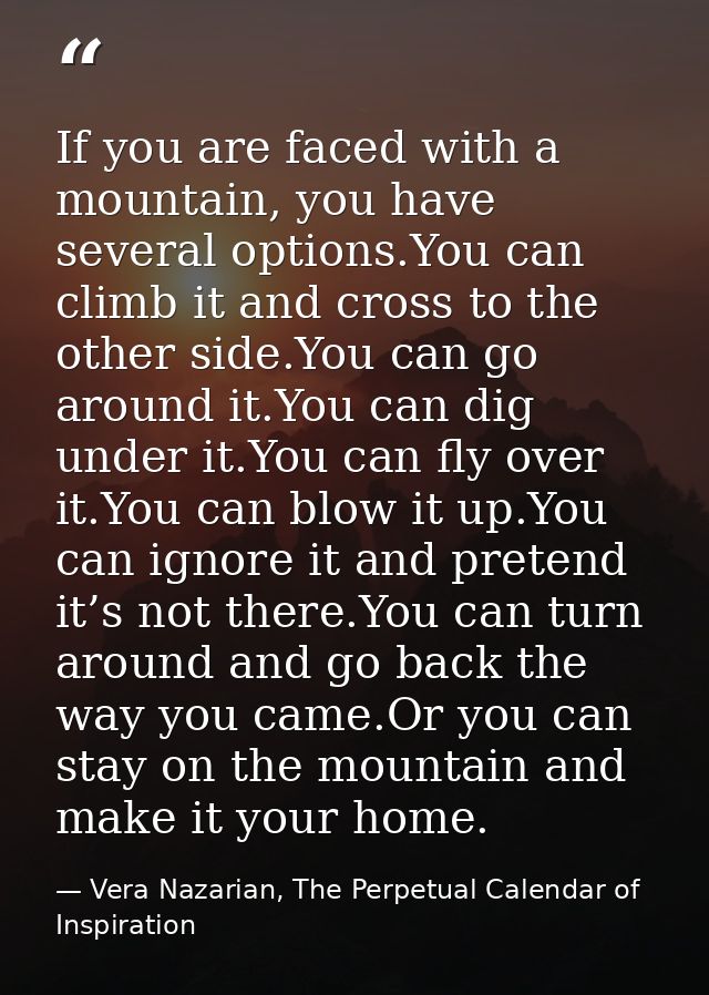 If you are faced with a mountain, you have several options.You can climb it and cross to the other side.You can go aroun — Vera Nazarian, The Perpetual Calendar of Inspiration