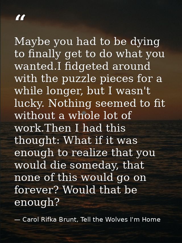 Maybe you had to be dying to finally get to do what you wanted.I fidgeted around with the puzzle pieces for a while long — Carol Rifka Brunt, Tell the Wolves I'm Home