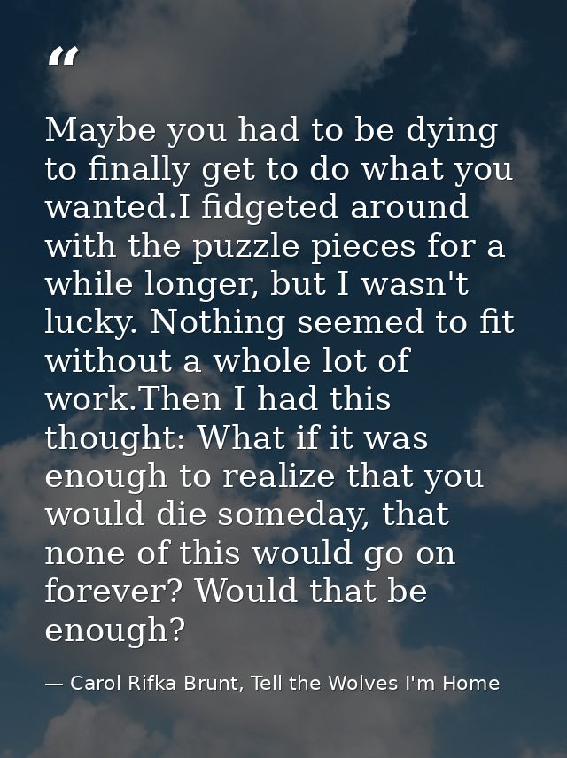 Maybe you had to be dying to finally get to do what you wanted.I fidgeted around with the puzzle pieces for a while long — Carol Rifka Brunt, Tell the Wolves I'm Home