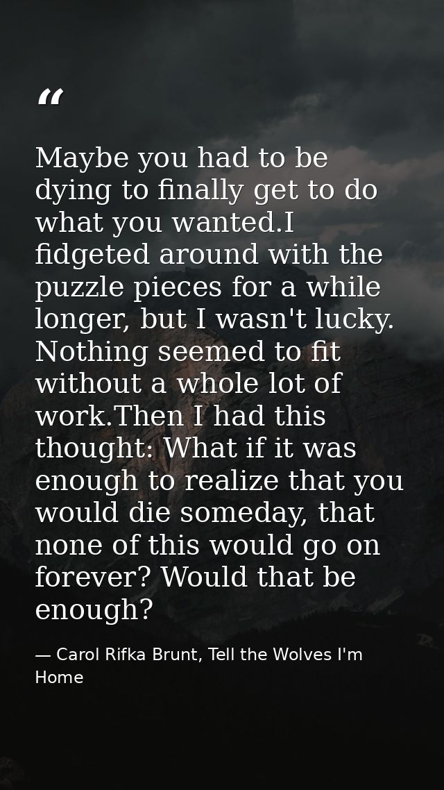 Maybe you had to be dying to finally get to do what you wanted.I fidgeted around with the puzzle pieces for a while long — Carol Rifka Brunt, Tell the Wolves I'm Home