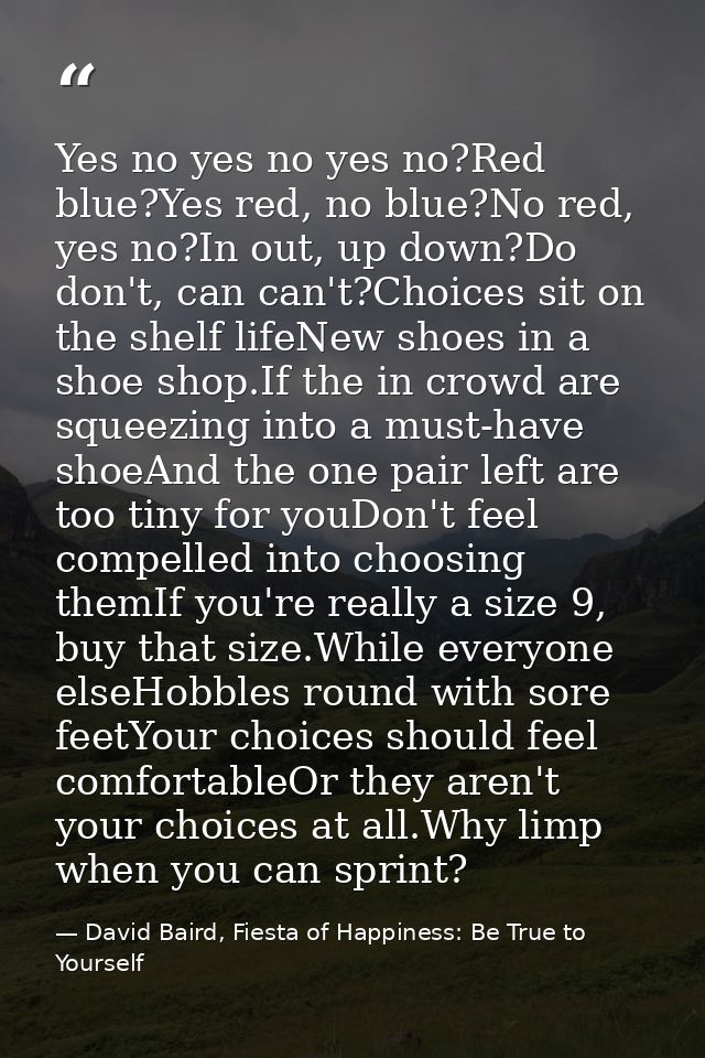 Yes no yes no yes no?Red blue?Yes red, no blue?No red, yes no?In out, up down?Do don't, can can't?Choices sit on the she — David Baird, Fiesta of Happiness: Be True to Yourself