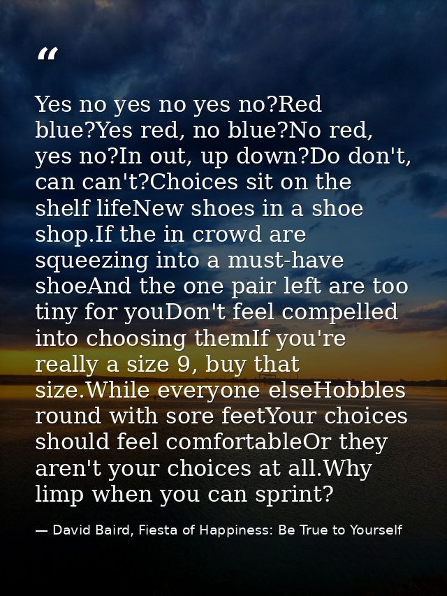 Yes no yes no yes no?Red blue?Yes red, no blue?No red, yes no?In out, up down?Do don't, can can't?Choices sit on the she — David Baird, Fiesta of Happiness: Be True to Yourself