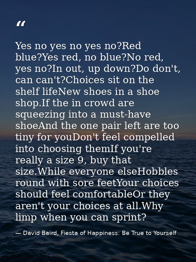 Yes no yes no yes no?Red blue?Yes red, no blue?No red, yes no?In out, up down?Do don't, can can't?Choices sit on the she — David Baird, Fiesta of Happiness: Be True to Yourself