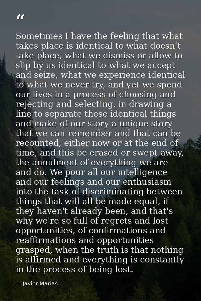 Sometimes I have the feeling that what takes place is identical to what doesn't take place, what we dismiss or allow to  — Javier Marías