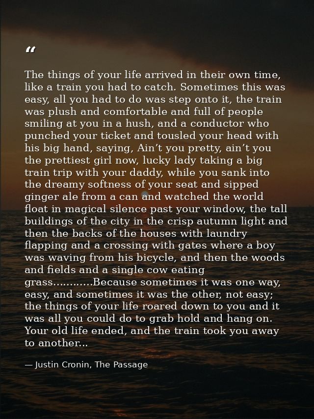 The things of your life arrived in their own time, like a train you had to catch. Sometimes this was easy, all you had t — Justin Cronin, The Passage