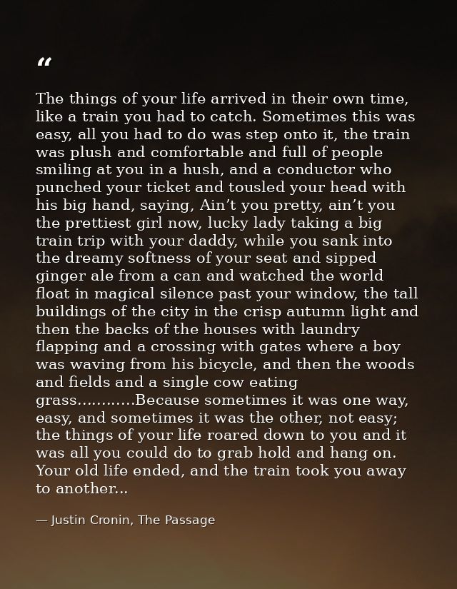 The things of your life arrived in their own time, like a train you had to catch. Sometimes this was easy, all you had t — Justin Cronin, The Passage