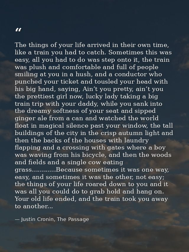 The things of your life arrived in their own time, like a train you had to catch. Sometimes this was easy, all you had t — Justin Cronin, The Passage