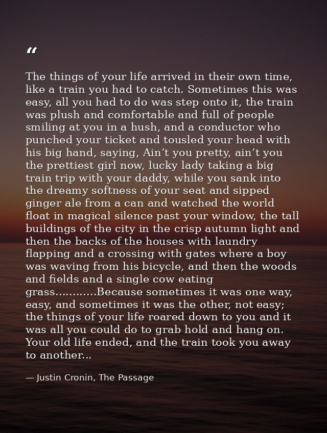 The things of your life arrived in their own time, like a train you had to catch. Sometimes this was easy, all you had t — Justin Cronin, The Passage