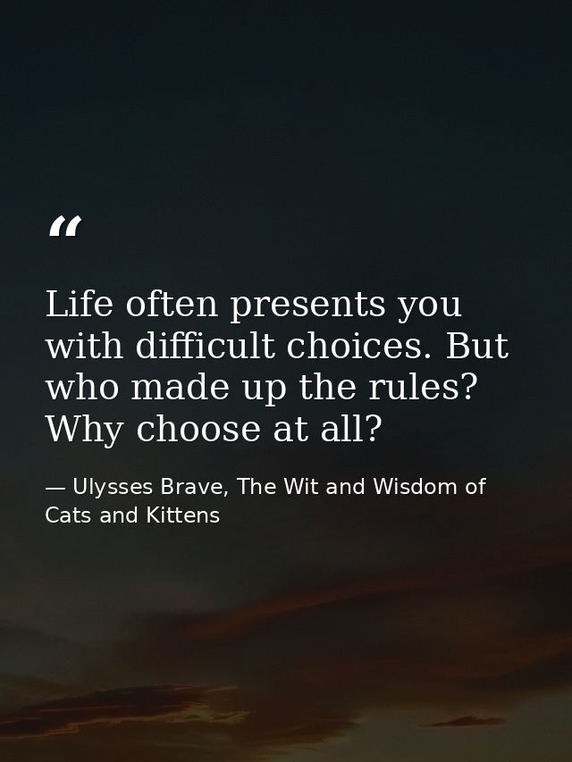 Life often presents you with difficult choices. But who made up the rules? Why choose at all? — Ulysses Brave, The Wit and Wisdom of Cats and Kittens