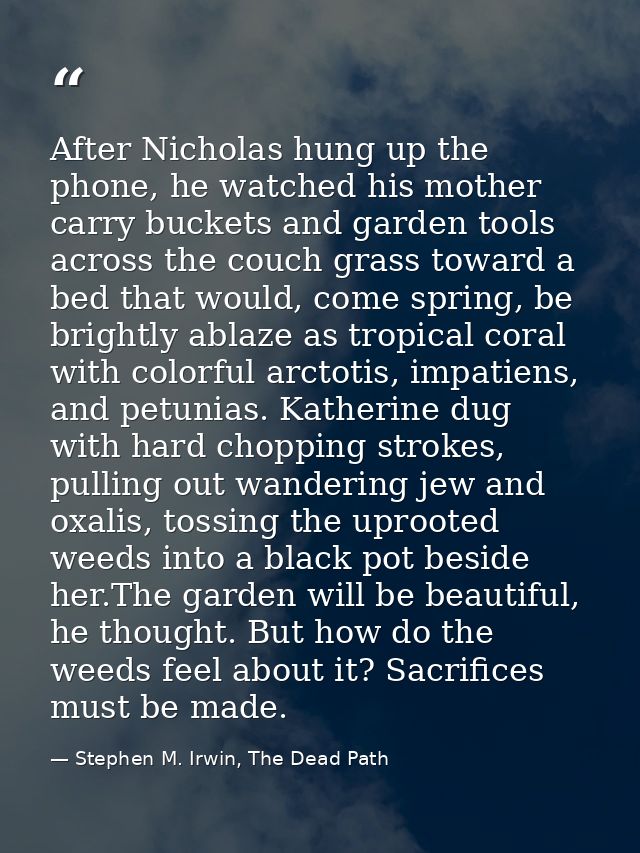After Nicholas hung up the phone, he watched his mother carry buckets and garden tools across the couch grass toward a b — Stephen M. Irwin, The Dead Path
