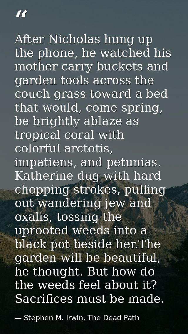 After Nicholas hung up the phone, he watched his mother carry buckets and garden tools across the couch grass toward a b — Stephen M. Irwin, The Dead Path
