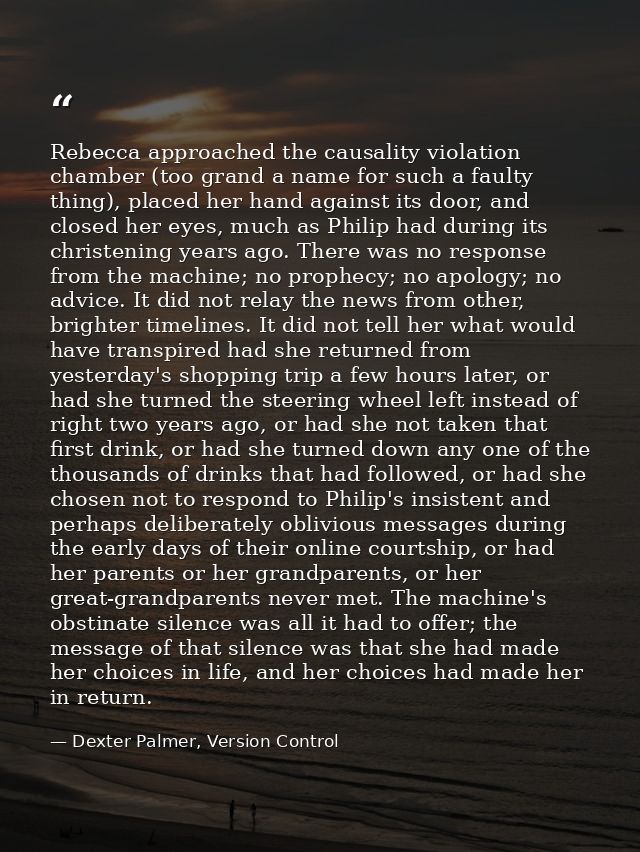 Rebecca approached the causality violation chamber (too grand a name for such a faulty thing), placed her hand against i — Dexter Palmer, Version Control