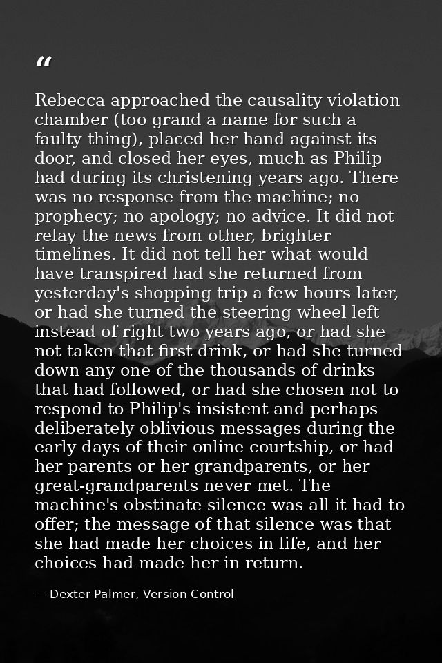 Rebecca approached the causality violation chamber (too grand a name for such a faulty thing), placed her hand against i — Dexter Palmer, Version Control
