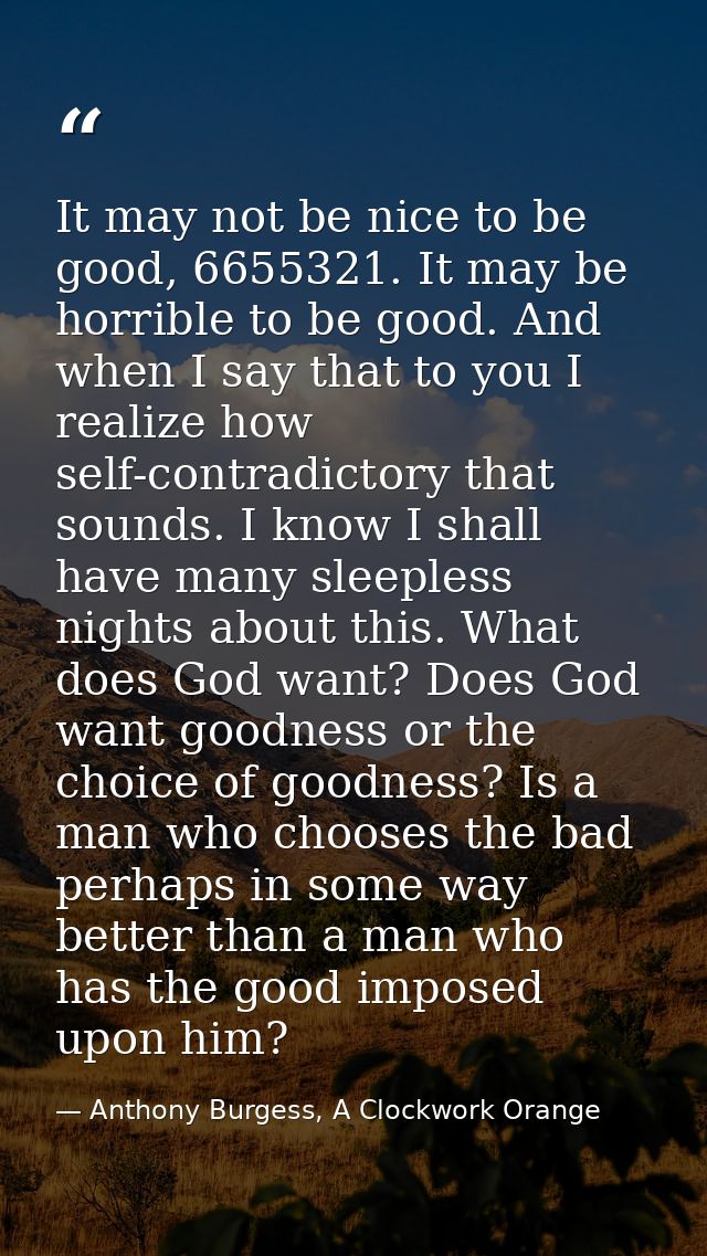 It may not be nice to be good, 6655321. It may be horrible to be good. And when I say that to you I realize how self-con — Anthony Burgess, A Clockwork Orange