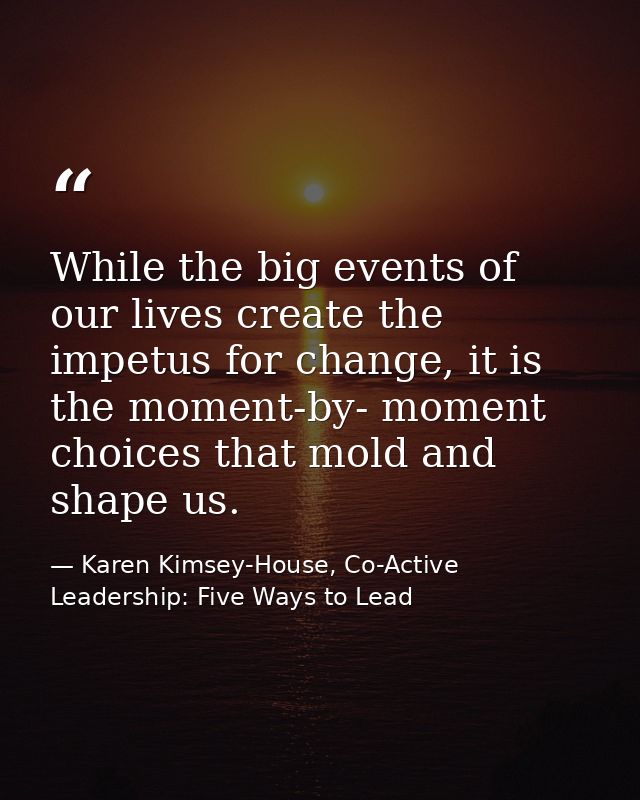 While the big events of our lives create the impetus for change, it is the moment-by- moment choices that mold and shape — Karen Kimsey-House, Co-Active Leadership: Five Ways to Lead