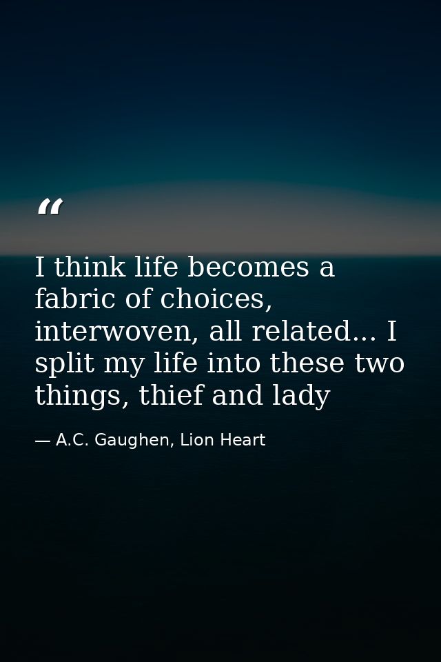 I think life becomes a fabric of choices, interwoven, all related... I split my life into these two things, thief and la — A.C. Gaughen, Lion Heart