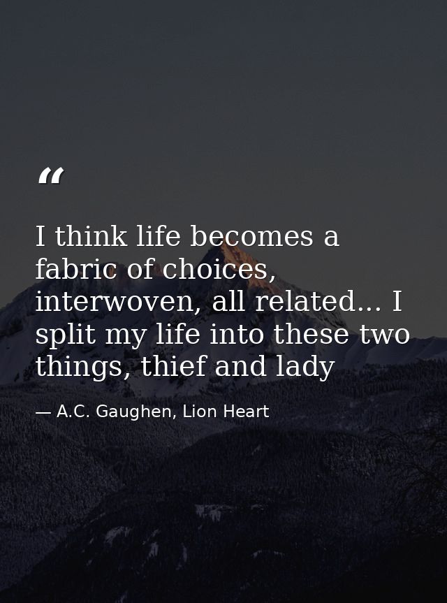 I think life becomes a fabric of choices, interwoven, all related... I split my life into these two things, thief and la — A.C. Gaughen, Lion Heart