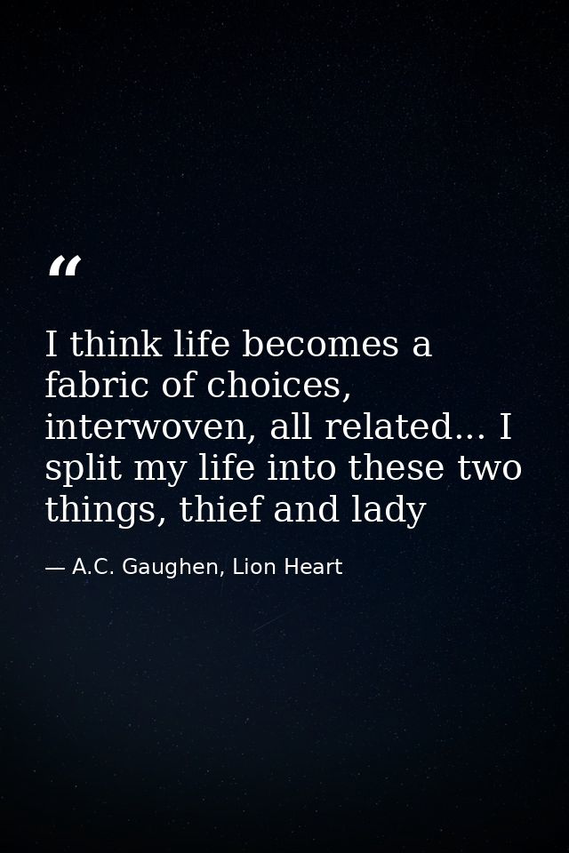I think life becomes a fabric of choices, interwoven, all related... I split my life into these two things, thief and la — A.C. Gaughen, Lion Heart