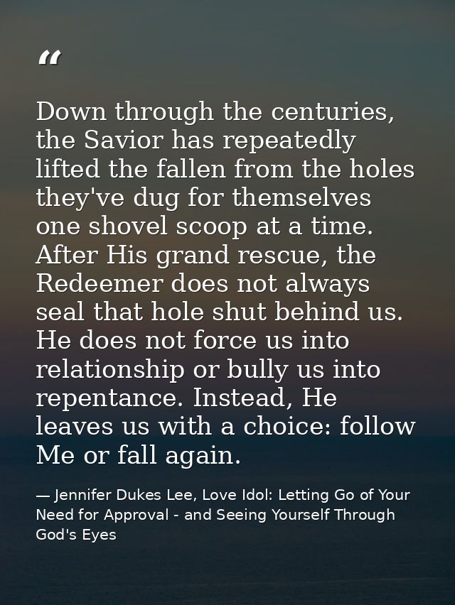 Down through the centuries, the Savior has repeatedly lifted the fallen from the holes they've dug for themselves one sh — Jennifer Dukes Lee, Love Idol: Letting Go of Your Need for Approval - and Seeing Yourself Through God's Eyes