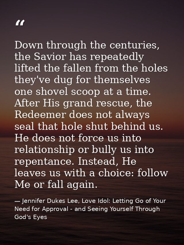 Down through the centuries, the Savior has repeatedly lifted the fallen from the holes they've dug for themselves one sh — Jennifer Dukes Lee, Love Idol: Letting Go of Your Need for Approval - and Seeing Yourself Through God's Eyes