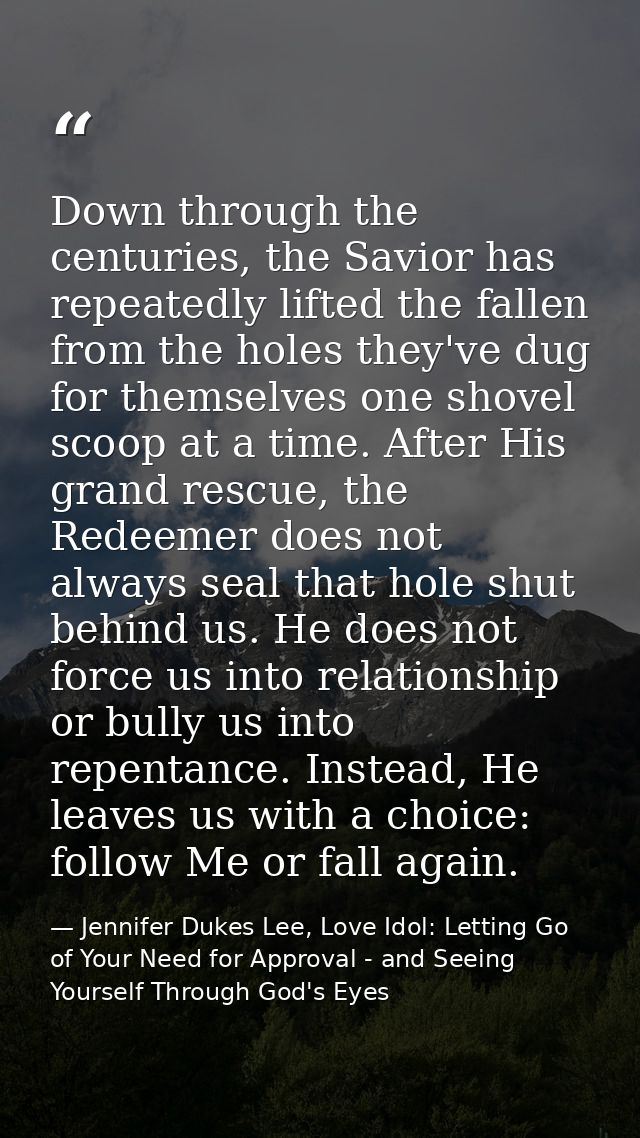 Down through the centuries, the Savior has repeatedly lifted the fallen from the holes they've dug for themselves one sh — Jennifer Dukes Lee, Love Idol: Letting Go of Your Need for Approval - and Seeing Yourself Through God's Eyes