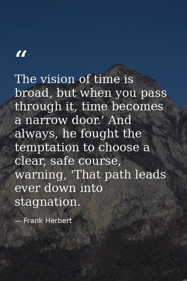 The vision of time is broad, but when you pass through it, time becomes a narrow door.' And always, he fought the tempta — Frank Herbert
