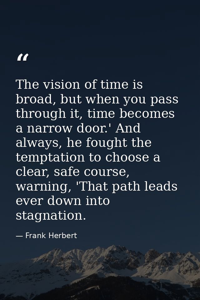 The vision of time is broad, but when you pass through it, time becomes a narrow door.' And always, he fought the tempta — Frank Herbert