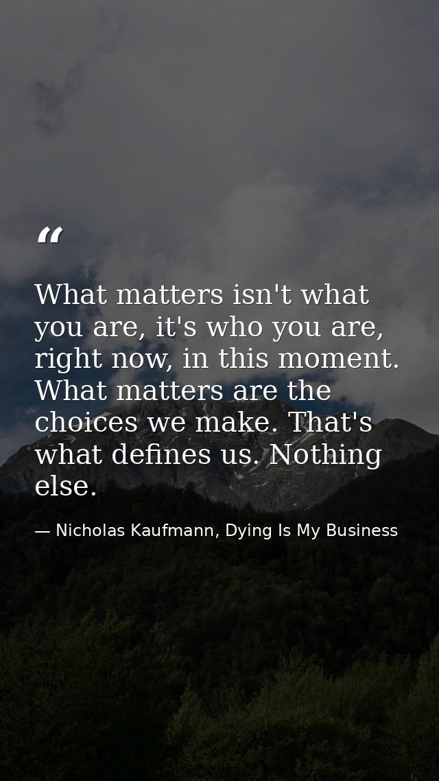 What matters isn't what you are, it's who you are, right now, in this moment. What matters are the choices we make. That — Nicholas Kaufmann, Dying Is My Business