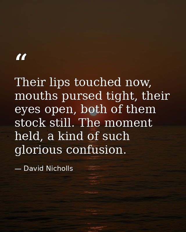 Their lips touched now, mouths pursed tight, their eyes open, both of them stock still. The moment held, a kind of such  — David Nicholls