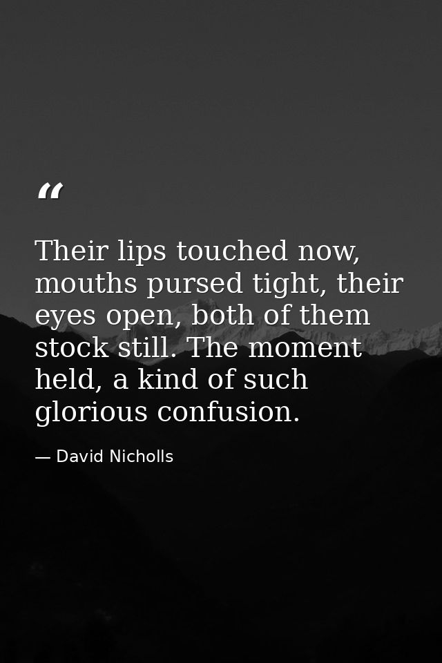 Their lips touched now, mouths pursed tight, their eyes open, both of them stock still. The moment held, a kind of such  — David Nicholls