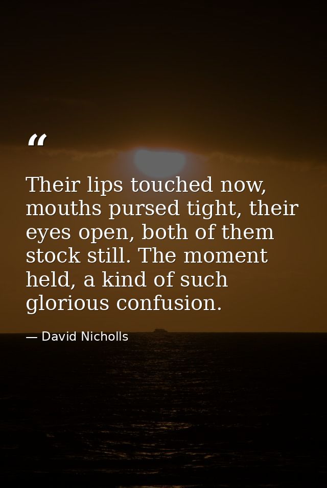Their lips touched now, mouths pursed tight, their eyes open, both of them stock still. The moment held, a kind of such  — David Nicholls