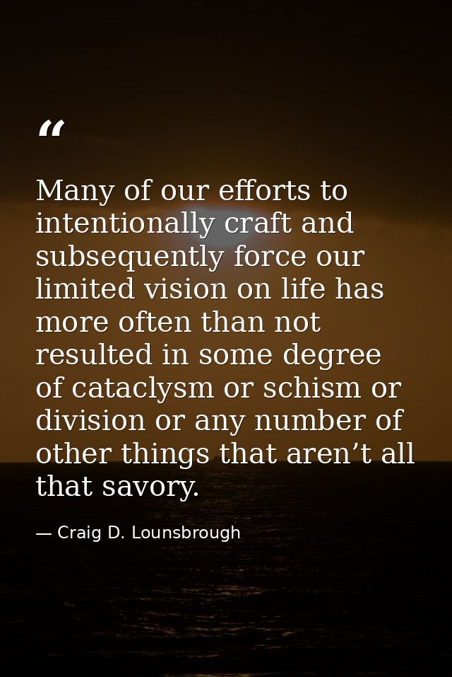 Many of our efforts to intentionally craft and subsequently force our limited vision on life has more often than not res — Craig D. Lounsbrough