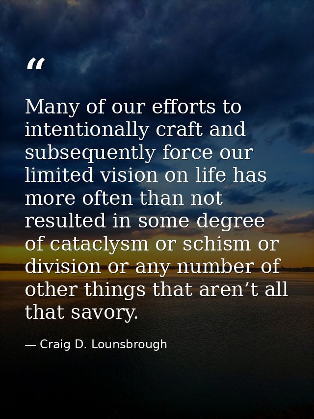 Many of our efforts to intentionally craft and subsequently force our limited vision on life has more often than not res — Craig D. Lounsbrough