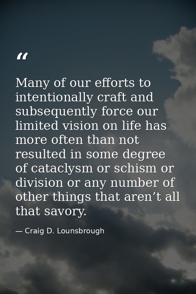 Many of our efforts to intentionally craft and subsequently force our limited vision on life has more often than not res — Craig D. Lounsbrough
