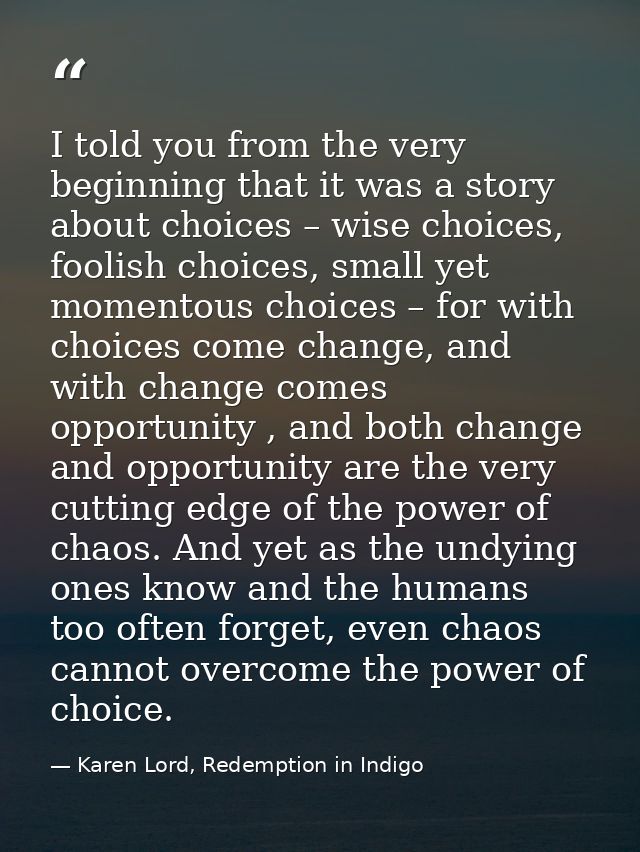 I told you from the very beginning that it was a story about choices – wise choices, foolish choices, small yet momentou — Karen Lord, Redemption in Indigo