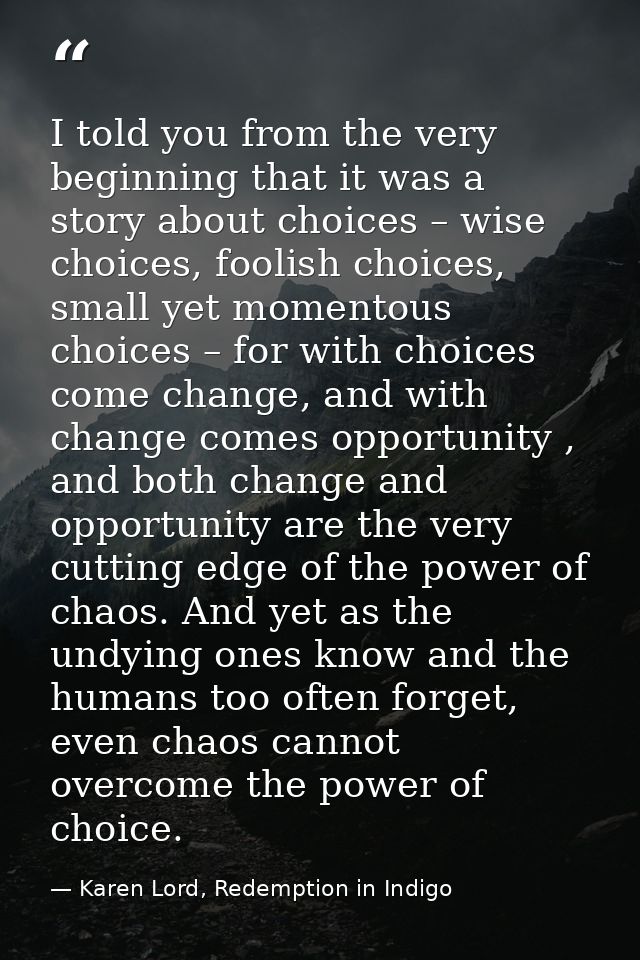 I told you from the very beginning that it was a story about choices – wise choices, foolish choices, small yet momentou — Karen Lord, Redemption in Indigo