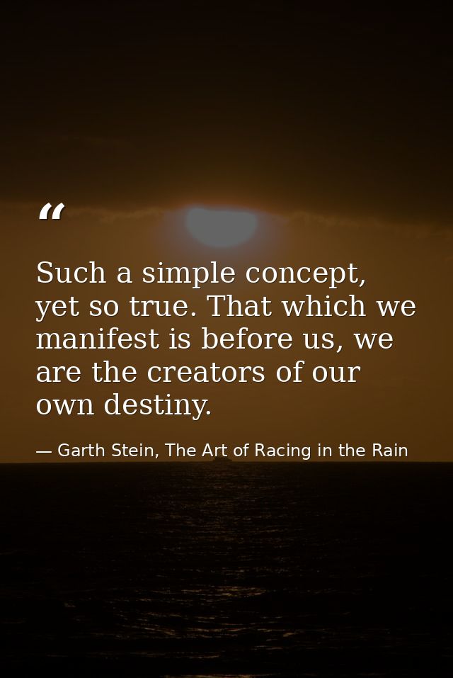 Such a simple concept, yet so true. That which we manifest is before us, we are the creators of our own destiny. — Garth Stein, The Art of Racing in the Rain