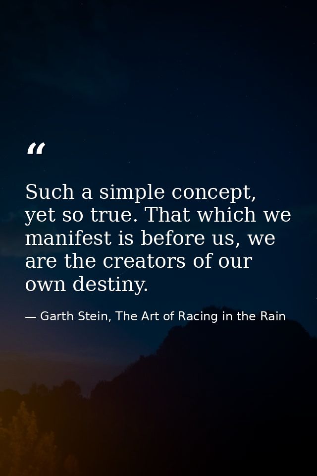 Such a simple concept, yet so true. That which we manifest is before us, we are the creators of our own destiny. — Garth Stein, The Art of Racing in the Rain