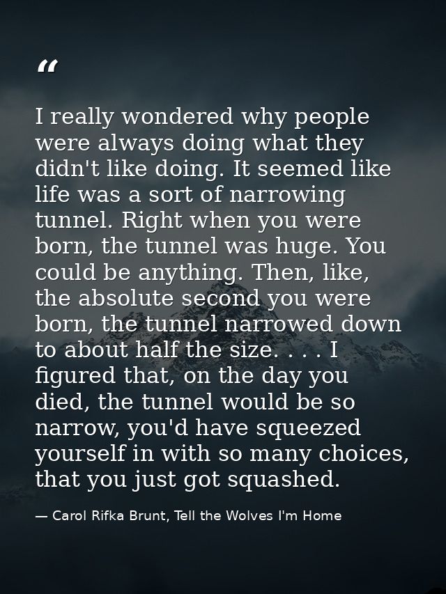 I really wondered why people were always doing what they didn't like doing. It seemed like life was a sort of narrowing  — Carol Rifka Brunt, Tell the Wolves I'm Home