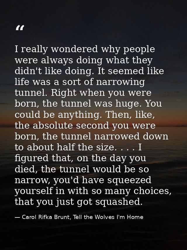 I really wondered why people were always doing what they didn't like doing. It seemed like life was a sort of narrowing  — Carol Rifka Brunt, Tell the Wolves I'm Home