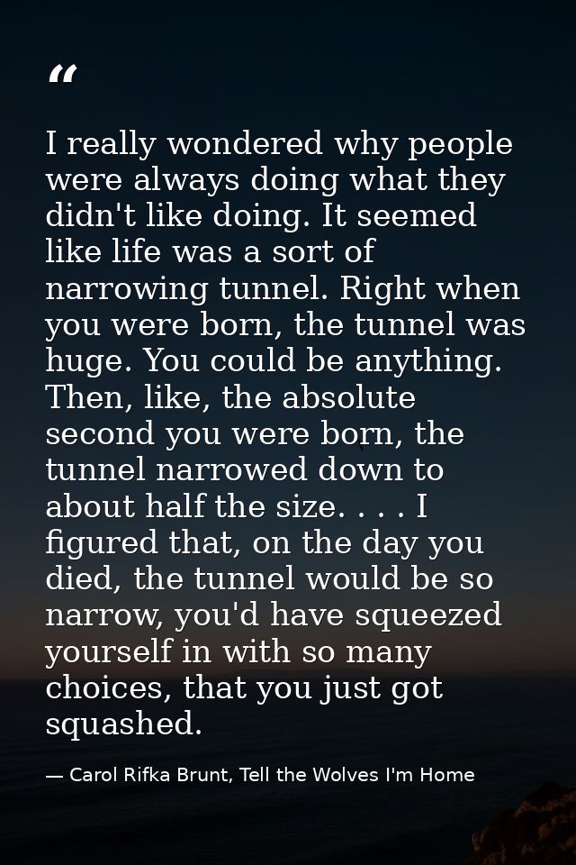 I really wondered why people were always doing what they didn't like doing. It seemed like life was a sort of narrowing  — Carol Rifka Brunt, Tell the Wolves I'm Home