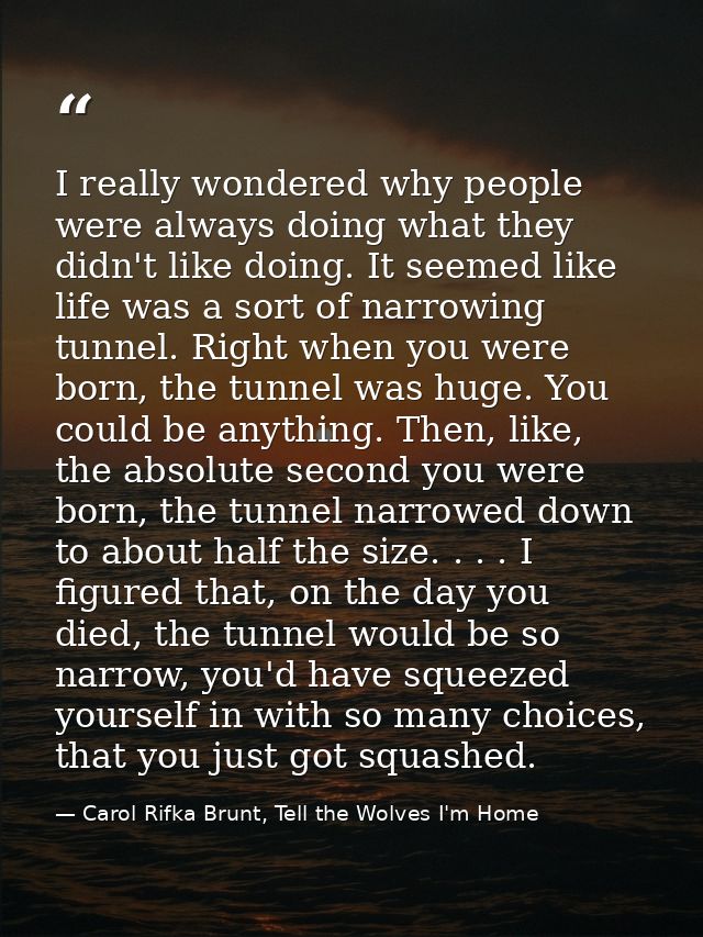 I really wondered why people were always doing what they didn't like doing. It seemed like life was a sort of narrowing  — Carol Rifka Brunt, Tell the Wolves I'm Home