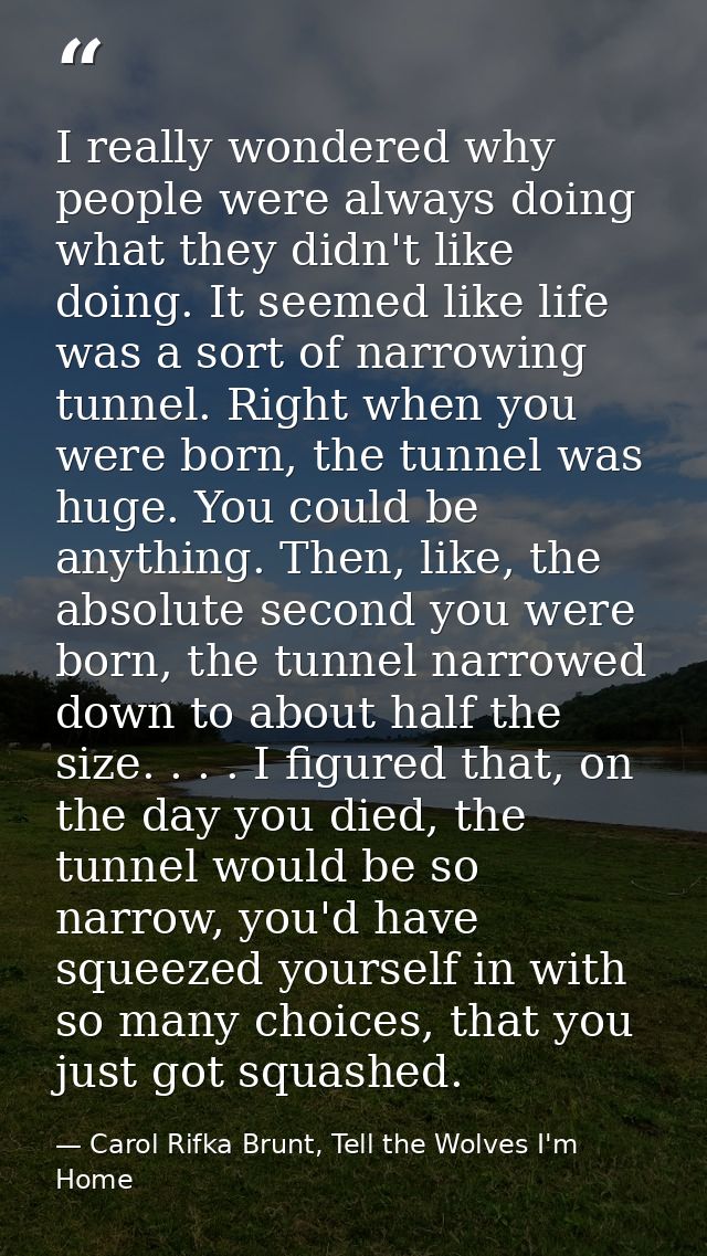 I really wondered why people were always doing what they didn't like doing. It seemed like life was a sort of narrowing  — Carol Rifka Brunt, Tell the Wolves I'm Home